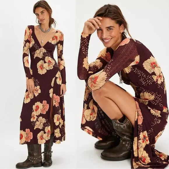 Free People Calla Midi Maxi Dress in Plum Combo Size XL Edgy Floral 90s Bohemian - Picture 2 of 15